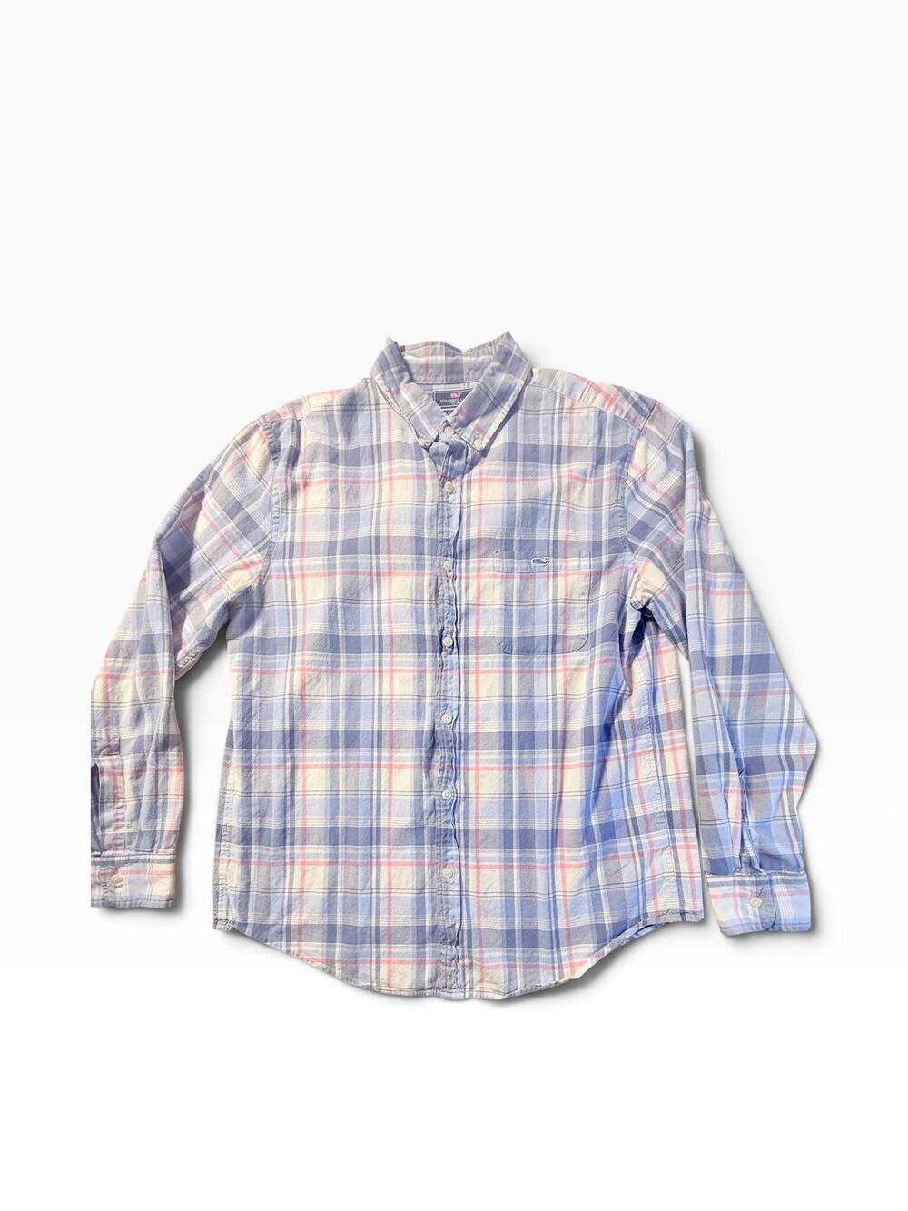 Vineyard Vines Slim Fit Tucker Shirt Mens L Blue Pink Plaid Stretch Whale